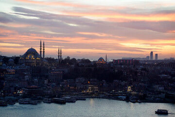 istanbul aerial cityscape at sunset from galata tower New and Suleymaniye Mosque