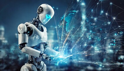 AI, Machine learning, Hands of robot and human touching on big data network connection