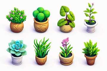 3D Vector Cartoon Icon Set Featuring Plant Shoots, Potted Houseplants, Trees, and Grass