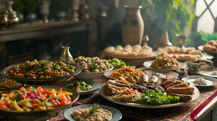 background shows a table filled with delicious food, food when breaking the Ramadan fast