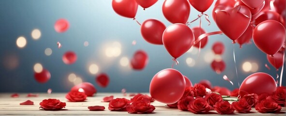 3d red balloons and rose flowers, with blur bokeh, valentine background