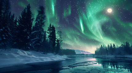 Aurora Borealis Illuminating Snowy Forest