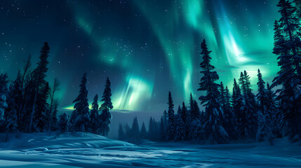 Majestic Aurora Borealis Over Snowy Landscape - obrazy, fototapety, plakaty