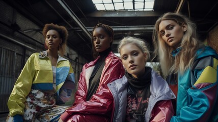 Retro style group of youth in a 90s and 200s inspired style. Diversity 90s fashion trend