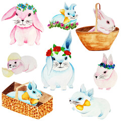 Set of hand draw watercolor pink and blue  cartoon rabbits 