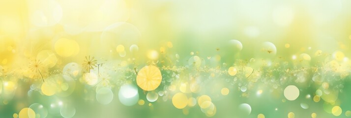 Abstract spring background with light pastel green yellow and gold particle flowers on lawn. Golden light shine sun rays bokeh on wallpaper backdrop. Freshness new life copy space for design - obrazy, fototapety, plakaty
