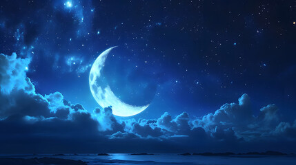 landscape background of ocean at night with a crescent moon night sky - obrazy, fototapety, plakaty
