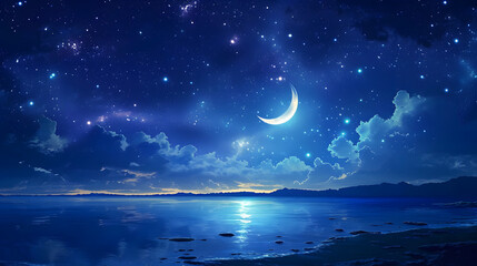 landscape background of mountains over the ocean at night with a crescent moon night sky