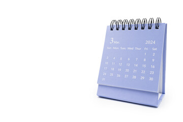 Simple desk calendar for March 2024 isolated on white background. Calendar concept with copy space.