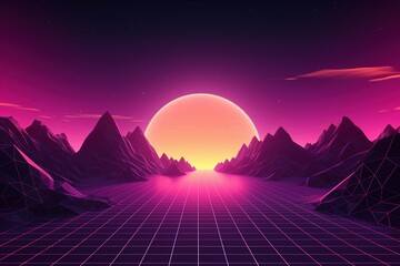 Neon retro-futuristic geometric mountain view