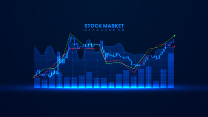 Stock market growth graph in futuristic technology style. Business growth illustration with the bar chart static and up arrow. Successful candlestick trading chart information. - obrazy, fototapety, plakaty
