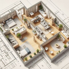 Top view of the interior of the apartment. 3d rendering.