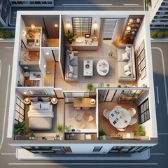 Top view of a modern apartment. 3d render. 3d illustration