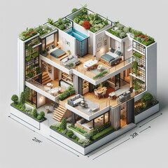 3d isometric modern cozy house with garden and living room.