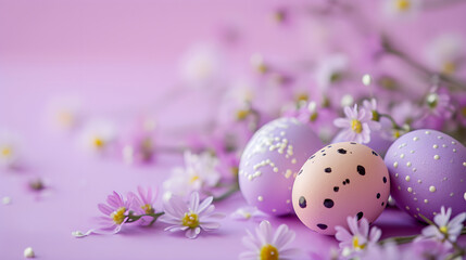 Easter eggs on a lilac background with flowers