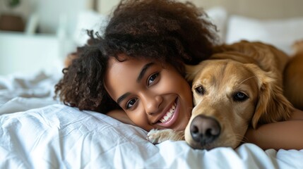 Front view portrait of cute African-American girl lying on bed with big pet dog and smiling, copy space 