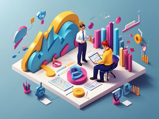 Business and marketing concept in 3d isometric design. People calculate budgets and make financial reports, creating and developing strategies. Vector illustration with isometry scene for web graphic. - obrazy, fototapety, plakaty
