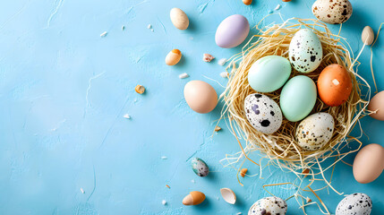 Easter eggs in a nest on a blue background