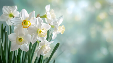 Fototapeta na wymiar Beautiful daffodil flowers on a light blue isolated background