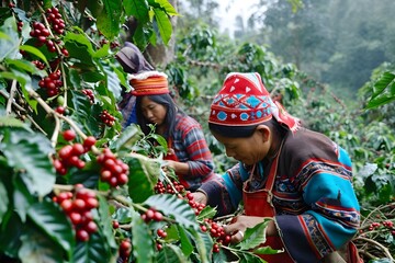 Indigenous People Harvesting Coffee Beans in Mountains