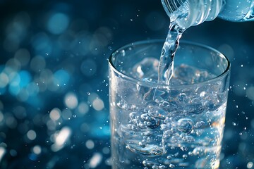 Pouring Fresh Drinking Water into Glass on Blue Background - obrazy, fototapety, plakaty