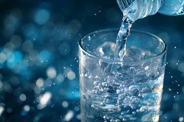 Foto op Plexiglas Pouring Fresh Drinking Water into Glass on Blue Background © TEERAWAT