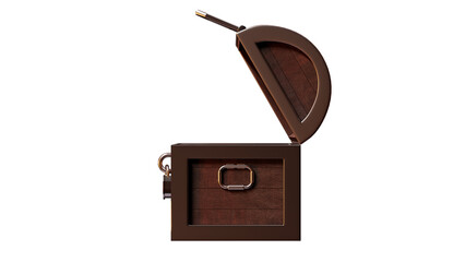 Open wooden treasure box metal edge open and empty side view 3D rendering
