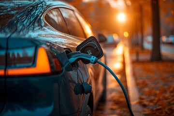 Electric Vehicle Charging at Sunset on Urban Street - obrazy, fototapety, plakaty