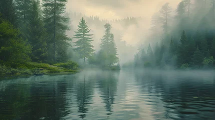 Schilderijen op glas Tranquil Waters: Foggy River Reflections © czphoto
