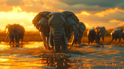 Elephants enjoying a refreshing mud bath in the heart of an African savannah - obrazy, fototapety, plakaty