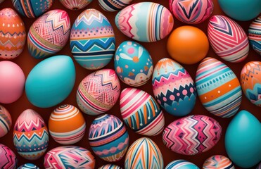 Fototapeta na wymiar Colorful pattern of painted easter eggs on pink background, easter symbols picture