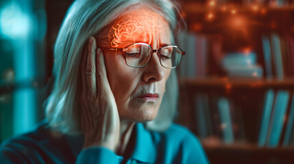 Senior woman with headache at home with highlighted brain, stressed depression migraine concept - obrazy, fototapety, plakaty