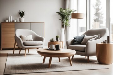 Interior home design of modern living room with chairs and a round wooden table near the window