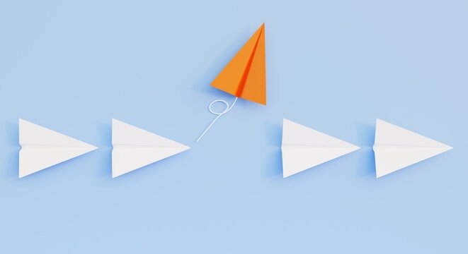 Minimal business idea is a group of paper airplanes in one direction and one person pointing in the other direction. To find solutions for leadership competitions, 3D renderings