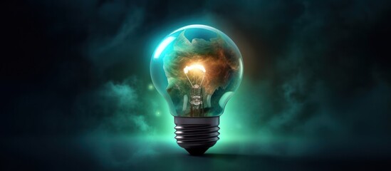 Bulbs with forest leaves and trees exposed to light. Smart environmental conservation and global warming concept