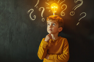 Thinking child boy on black background with light bulb and question marks. Brainstorming and idea concept. child is finding idea on front of blackboard.Idea! Smart kid with lightbulb on blackboard. - obrazy, fototapety, plakaty