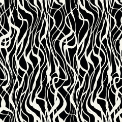 Vector seamless pattern. Abstract monochrome texture. Confused monochrome wavy elements. Creative hand made background. Decorative black and white abstract design.