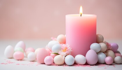 Colorful candle with colored eggs beside it creating a vibrant and festive atmosphere, easter candles picture