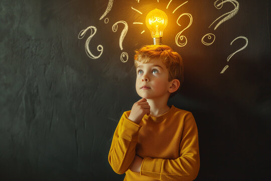 Thinking child boy on black background with light bulb and question marks. Brainstorming and idea concept. child is finding idea on front of blackboard.Idea! Smart kid with lightbulb on blackboard.
