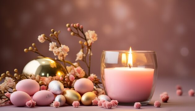 Candle and easter eggs together on a surface, easter candles picture
