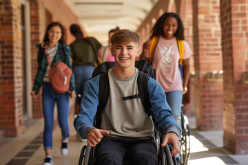 Happy diverse student and boy in wheelchair in school corridor. Education, inclusivity and school