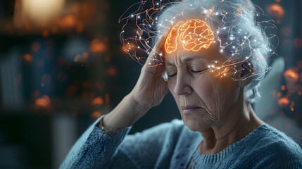 Senior woman with headache at home with highlighted brain, stressed depression migraine concept - obrazy, fototapety, plakaty