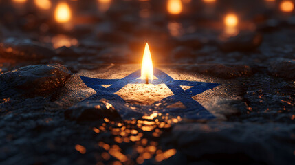 Holocaust Remembrance Day, Israel Flag within with Bald burning candle and the Star of David, Generative Ai
