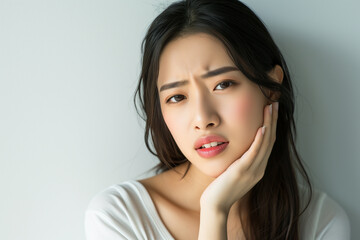 Young Asian woman has a toothache isolated on white background. Health care, tooth disease concept