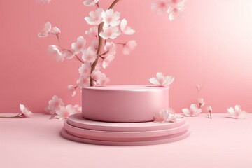 Fototapeta na wymiar Pink podium with falling sakura flowers, promoting cosmetic or beauty products on a floral pedestal. Generative AI