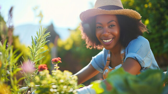 Smiling African American woman enjoying gardening work on a sunny day 