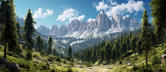 panorama of icy mountains and pine tree forests - obrazy, fototapety, plakaty