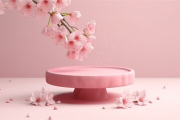 Pink podium with falling sakura flowers, promoting cosmetic or beauty products on a floral pedestal. Generative AI
