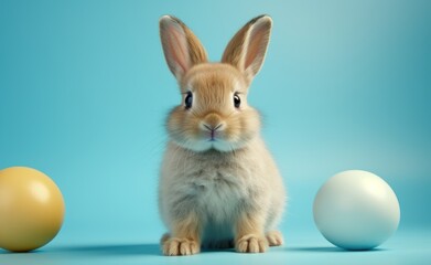 Adorable bunny having fun with a ball against a blue backdrop, easter bunny photo