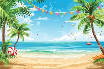 festive and colorful beach scene with a boat decorated with flags and confetti